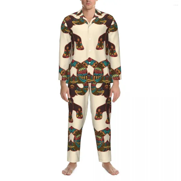 Ropa de dormir para hombre, conjunto de pijama Vintage de gran tamaño con estampado Floral colorido de primavera con arte de elefante, traje para casa encantador de manga larga para hombre