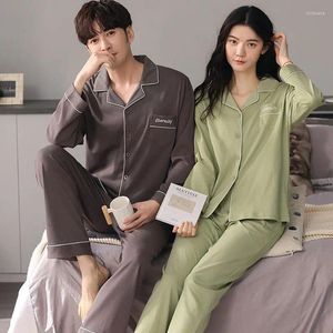 Vêtements de nuit pour hommes Est M-3XL Couple Pyjamas Ensemble Printemps Coton Tricoté Hommes À Manches Longues Femmes Chemise De Nuit Costume À La Maison Amoureux Pyjamas