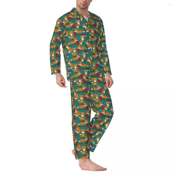 Ropa de dormir para hombres Conjuntos de pijamas lindos festivos Estampado navideño Pareja encantadora Mangas largas Retro Diario 2 piezas Ropa de dormir Tamaño grande XL 2XL