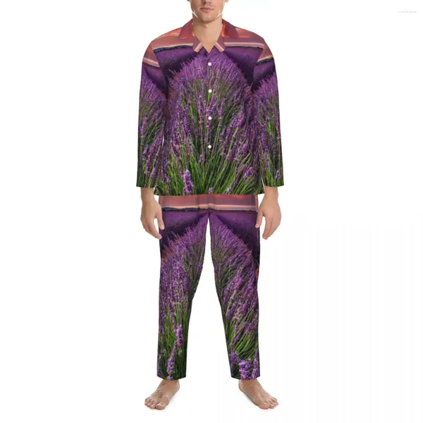 Ropa de dormir para hombre Conjunto de pijama de campo de lavanda Estampado de puesta de sol Pareja suave Manga larga Retro Ocio 2 piezas Ropa de dormir Tamaño grande 2XL