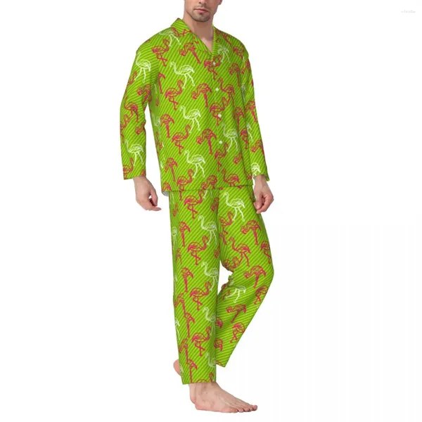 Ropa de dormir para hombres Pijamas de pájaros flamencos Hombre Verde y rosa Rayas Habitación encantadora Otoño 2 piezas Casual Conjuntos de pijamas de patrón de gran tamaño sueltos