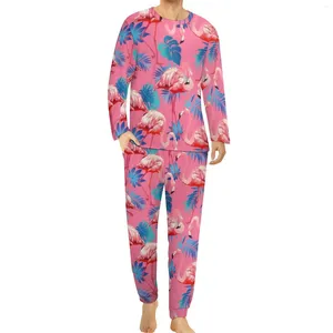 Heren Nachtkleding Flamingo Pyjama Lange Mouw Palmblad 2 Stuks Slaapset Lente Heren Grafisch Romantisch Oversized Nachtkleding