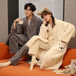 Vêtements de nuit pour hommes Flanelle Pantalon Longue Robe Kimono Pyjama Chaud Ensemble Pour Couples Hiver Corail Polaire Vêtements De Nuit Femmes Et Hommes Assortis Homewear