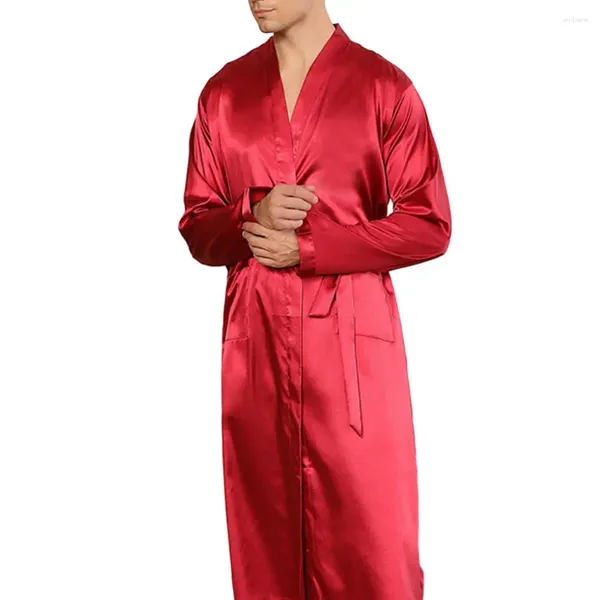 Vêtements de nuit pour hommes, chemise de nuit flexible au genou, doux et respirant, col en V, avec ceinture à lacets, manches longues, poches pour l'automne