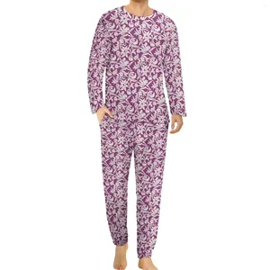 Nachtkleding voor heren Bloemenprint Pyjama Lange mouwen Paarse bloem Tweedelige casual set Lente Heren Grafisch Kawaii Oversized