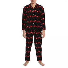 Vêtements de nuit pour hommes Fruits frais Imprimer Pyjama Ensemble Automne Rouge Cerises Douces Kawaii Maison Mâle Deux Pièces Lâche Oversize Design Cadeau De Nuit