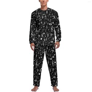 Vêtements de nuit pour hommes Notes de musique amusantes Pyjamas manches longues noir et blanc deux pièces pyjama de loisirs ensembles hiver homme personnalisé rétro maison costume