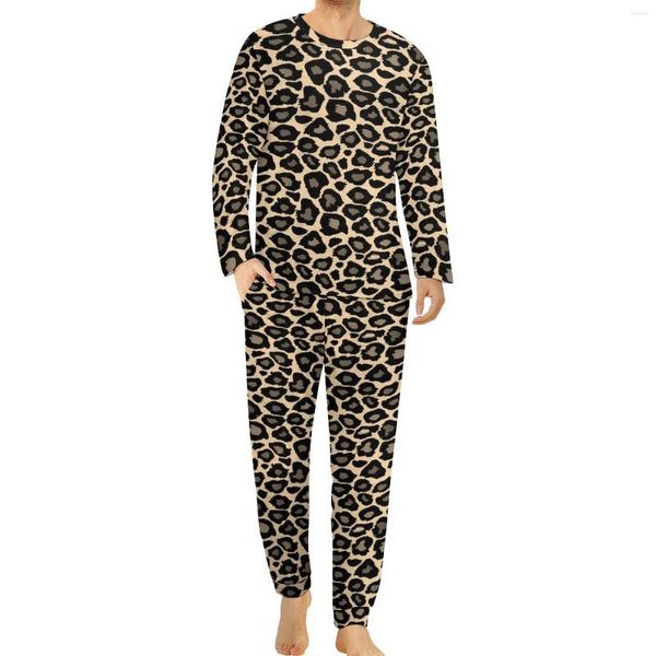 Ropa de dormir para hombres Pijamas con estampado de leopardo funky de manga larga Conjunto casual de dos piezas en negro y tostado Otoño Diseño para hombre Ropa de dormir elegante de gran tamaño