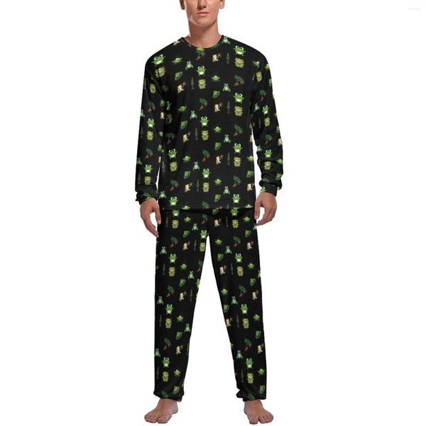 Pijamas de rana divertidos para hombre, pijamas de otoño con dibujos animados bonitos para amantes de Forgs, ropa de noche para hombre, conjuntos de pijama cálidos largos con gráfico de dos piezas para hombre