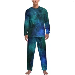Heren Nachtkleding Galaxy Print Pyjama Heren Blauw Nebula Ruimte Mooie Nachtkleding Lente Lange Mouwen 2 Stuks Kamer Grafische Set