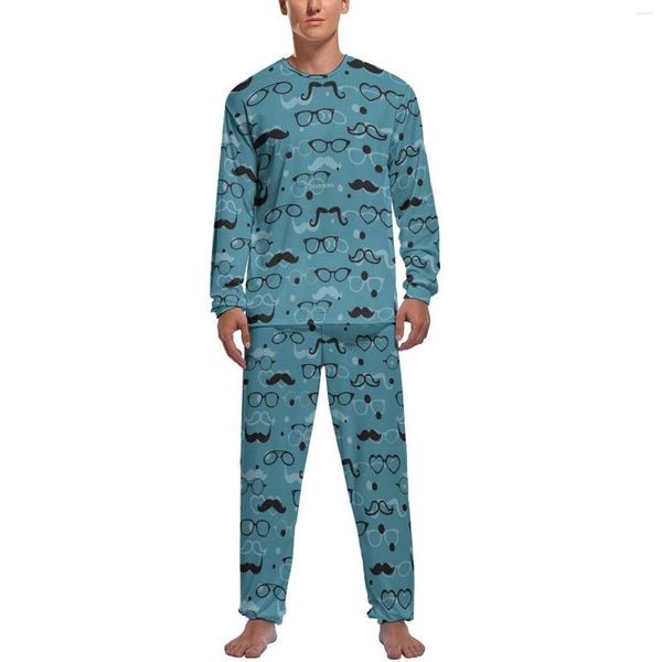 Ropa de dormir para hombre, pijamas con estampado de gafas, pijamas de invierno de 2 piezas con elementos Hipster, conjuntos de pijama elegantes para hombre de manga larga, ocio personalizado