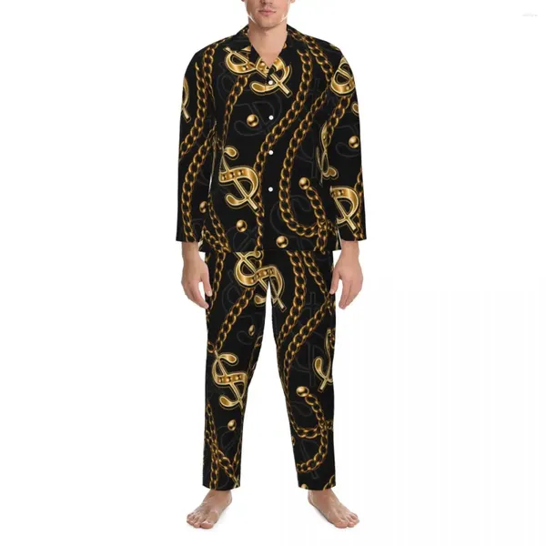 Ropa de Dormir para Hombres Conjunto de Pijamas con Estampado de Cadena Dorada Signo de dólar de EE. UU. Hombres Lindos de Manga Larga Informal Suelto Dormitorio Ropa de Dormir de 2 Piezas de Gran tamaño