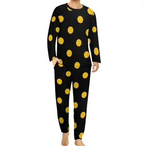 Vêtements de nuit pour hommes Pyjamas à pois dorés Noir et jaune Hommes à manches longues Pyjama mignon Ensembles 2 pièces Chambre à coucher Idée cadeau imprimée quotidienne