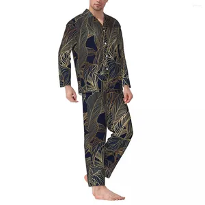 Voor heren Nachtkleding Goud Bladplant Pyjamasets Botanisch Print Comfortabel Man Lange mouw Vintage Dagelijks 2-delig Thuis pak Grote maten