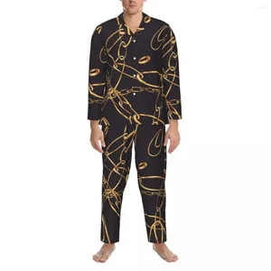 Vêtements de nuit pour hommes Chaîne dorée Automne Vintage Anneaux Casual Pyjamas surdimensionnés Ensemble Homme Manches longues Kawaii Loisirs Modèle Vêtements de nuit