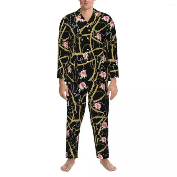 Vêtements de nuit pour hommes Chaînes dorées Automne Rose Roses Imprimer Lâche Surdimensionné Pyjama Ensembles Homme À Manches Longues Mignon Doux Nuit Personnalisé Costume À La Maison