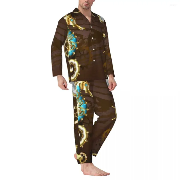 Ropa de dormir para hombres Pijamas Steampunk dorados Hombres de madera con caballito de mar mecánico Noche Otoño 2 piezas Conjunto de pijama gráfico informal de gran tamaño