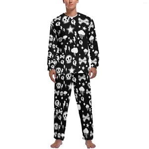 Vêtements de nuit pour hommes Pyjamas gothiques à manches longues Nuages Crâne Sorcière 2 pièces Ensemble de maison Quotidien Homme Design Vêtements de nuit à la mode