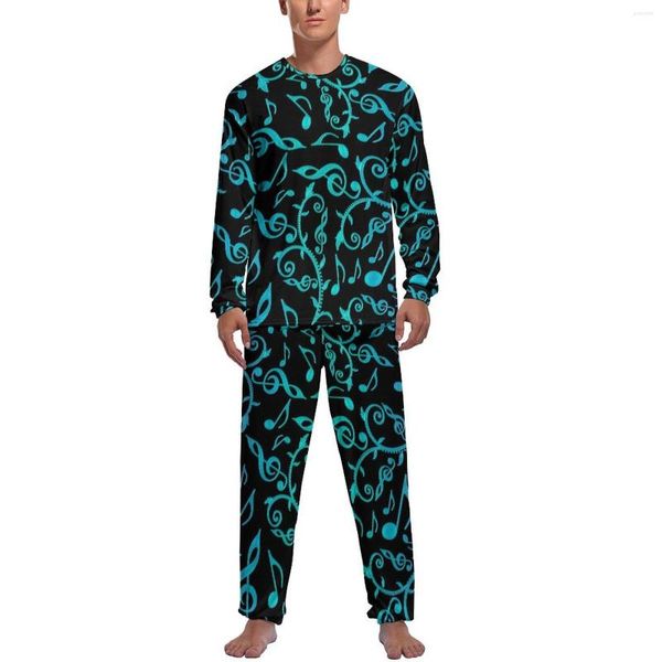 Vêtements de nuit pour hommes dégradé notes de musique pyjamas manches longues bleu vert violet 2 pièces ensemble décontracté automne homme design mignon