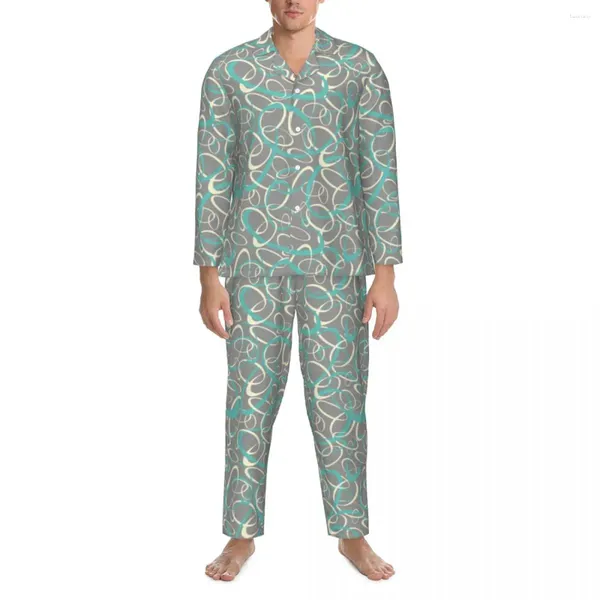 Vêtements de nuit pour hommes gris rétro mod pyjama ensemble boucles géométriques mignon mâle manches longues décontracté lâche nuit 2 pièces costume à la maison grande taille 2XL