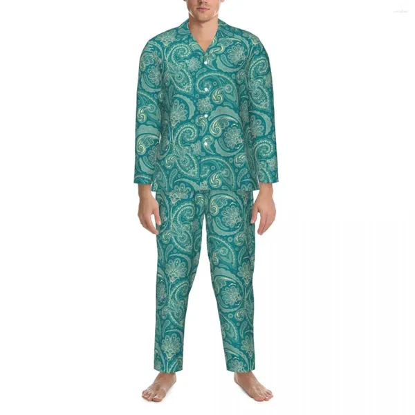Vêtements de nuit pour hommes Vert Paisley Pyjamas Hommes Vintage Imprimer Mignon Chambre Douce Nuit Automne 2 Pièces Esthétique Surdimensionné Motif Pyjama Ensembles