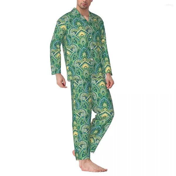 Vêtements de nuit pour hommes Vert Paisley Style Pyjamas Hommes Vintage Imprimer Mignon Nuit Printemps 2 Pièces Casual Surdimensionné Design Ensemble