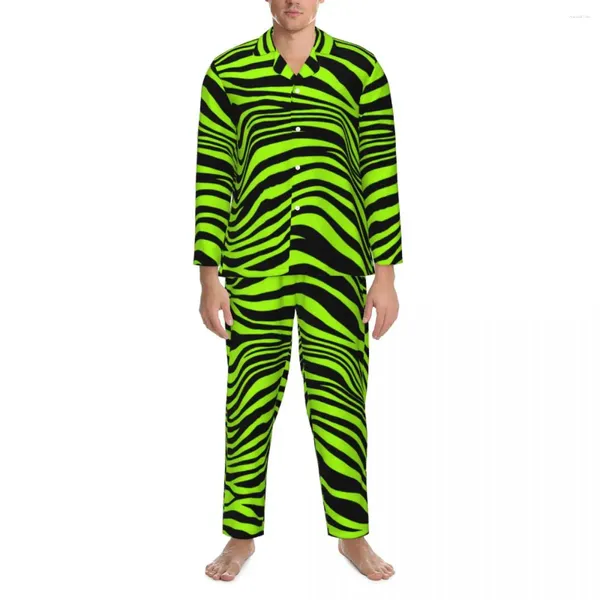 Vêtements de nuit pour hommes Green Tiger Lines Automne Animal Print Casual Oversize Pyjama Set Hommes À Manches Longues Mode Loisirs Custom Home Costume