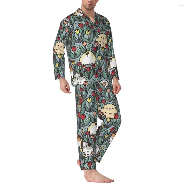 Ropa de dormir para hombre, conjunto de pijamas Retro de gran tamaño con estampado de flores de tulipán y conejillo de indias, ropa de dormir con estampado nocturno encantador de manga larga para hombre