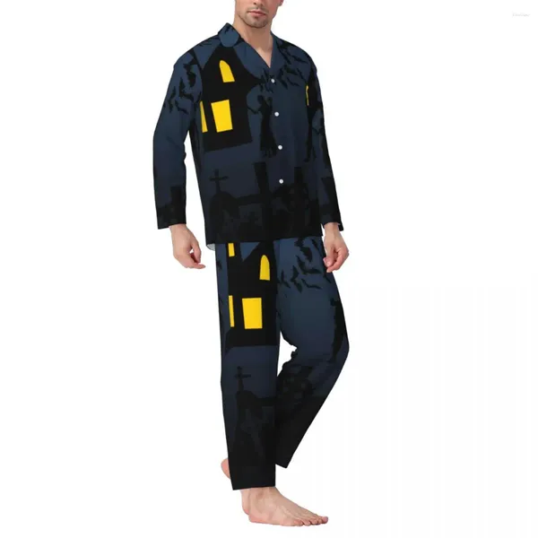 Ropa de dormir para hombres Conjunto de pijamas de murciélagos de Halloween Casa encantada Kawaii Hombre de manga larga Vintage Home Traje de 2 piezas de gran tamaño