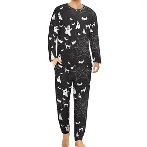 Nachtkleding voor heren Halloween-printpyjama's met lange mouwen Wit spook 2-delig Nachtset Winter Heren Op maat Schattig Oversized huispak