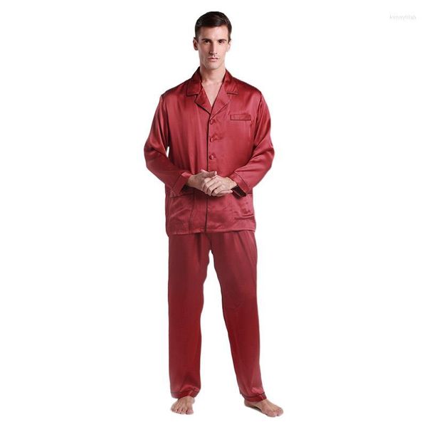 Ropa de dormir para hombre, pijama de dos piezas de satén de seda para hombre de alta calidad, pijama de manga larga de 22 Momme, conjunto de pijama para hombre