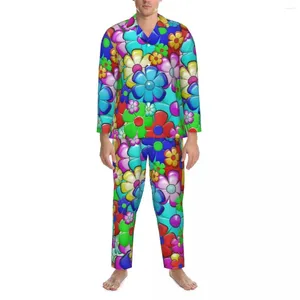 Vêtements de nuit pour hommes Hippie Retro Peace Pyjamas Ensemble Coloré Fleur Imprimer Mignon Doux Mâle Manches Longues Chambre Esthétique Deux Pièces Vêtements De Nuit