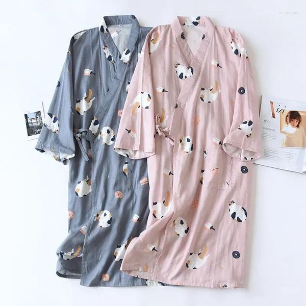Vêtements de nuit pour hommes Accueil Hommes Robe d'été Chemise de nuit Peignoir Pyjamas 2023 Printemps Mince et crêpe Service Dames Coton Style japonais