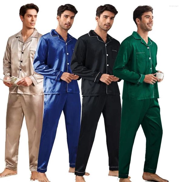 Ropa de dormir para hombre, pijamas para estar en casa, pantalones de manga larga, conjunto de pijama de dos piezas de satén, pijamas multicolores para primavera y otoño