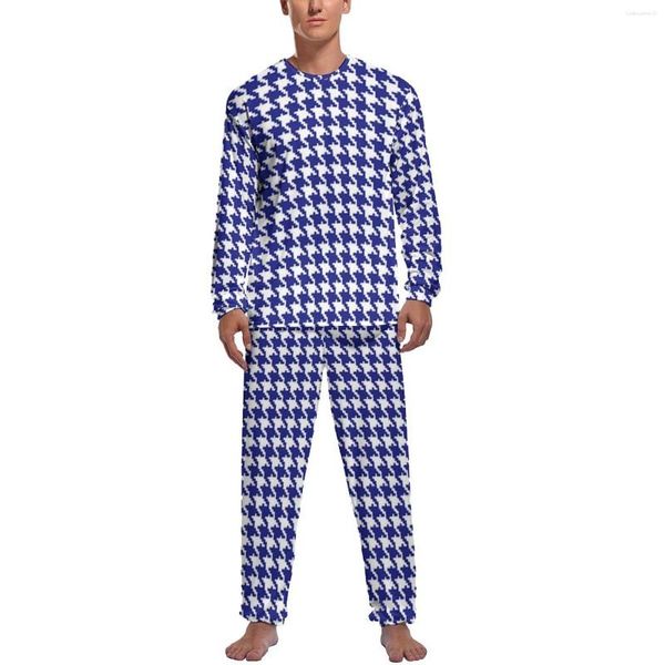 Vêtements de nuit masculins Houndstooth Navy Classic Pyjamas Male Imprime vintage Spring à manches longues à manches longues en deux pièces