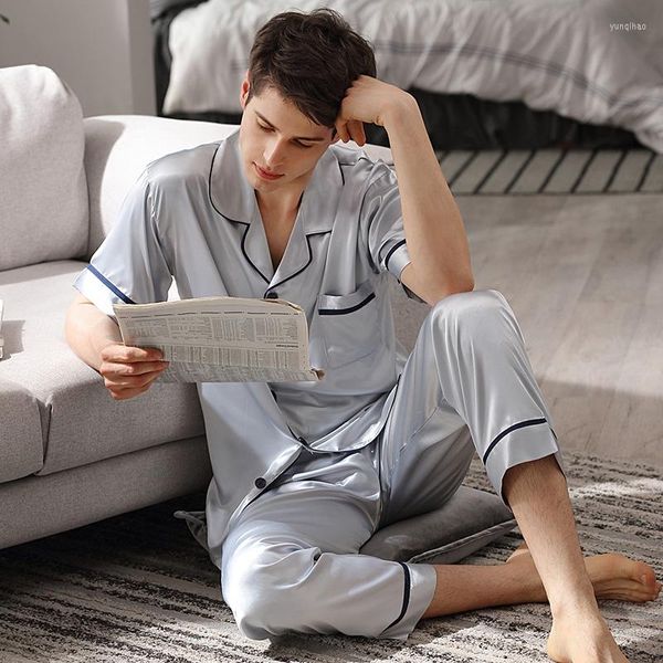 Ropa de dormir para hombre, conjuntos de pijamas de moda informal de manga corta de verano de seda de hielo para hombre, pijamas de dos piezas azul cielo para hombre 90011