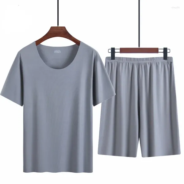 Vêtements de nuit pour hommes Pyjamas en soie glacée Ensembles de pyjama pour hommes Ensemble de vêtements de maison d'été Col rond Mince à manches courtes Vêtements de sport T-shirt pour hommes