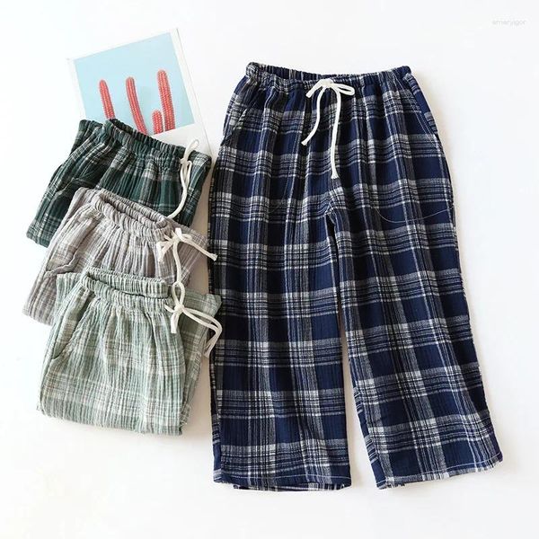 Vêtements de sommeil pour hommes pantalon de pyjama à carreaux japonais coton shorts de maison vêtements de la plage salon des vêtements d'été