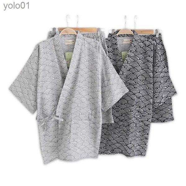 Vêtements de nuit pour hommes japonais simple 100% gaze coton shorts kimono pyjamas ensembles hommes mode vague courte sles shorts peignoirs vêtements de nuit l231202