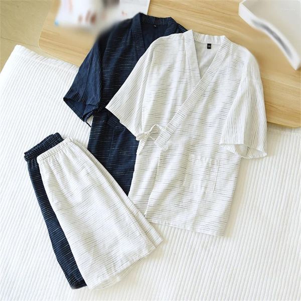 Ropa de dormir para hombres estilo japonés hombres kimono pijamas traje de manga corta pantalones cortos conjunto verano suelto simple algodón rayado absorbente de sudor