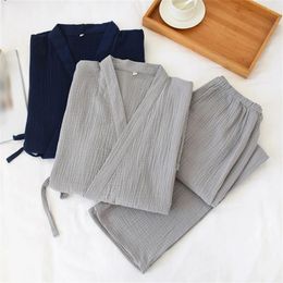 Ropa de dormir para hombres Estilo japonés Yukata Traje de pijama kimono de gran tamaño Todas las estaciones Crepé de algodón fino Tops con cordones de manga corta Conjunto de pantalones