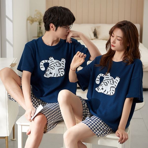 Kawaii Little Tiger Cartoon Couple Pyjamas Ensembles Femmes Hommes Été Coton Vêtements De Nuit Coréen Bleu Plaid À Manches Courtes Amoureux Homewear 220924