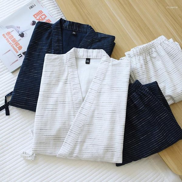 Ropa de dormir para hombres Pijamas tipo kimono Tipos de manga japonesa Verano para hombre Suelto Simple Algodón Rayas Sudor Traje al vapor Pijama Omme