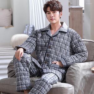 Vêtements de nuit pour hommes Tricot Coton Rembourré Hommes Épais Big Yards L-3XL Pyjamas d'hiver Ensemble Homme Peignoir Pyjamas Chaud Matelassé Gris Plaid Hommes