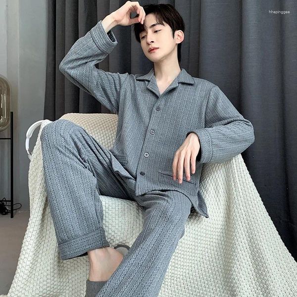 Pyjamas tricotés pour hommes pour le printemps et l'automne Casual manches longues haut de gamme couleur unie ensemble de vêtements à la maison peut être porté ext mâle