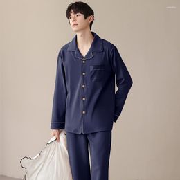 Pijamas Masculinos L-3XL Calças de Manga Completa 2 Pçs Conjuntos de Pijama Algodão Solto Casual Sólido Roupas para Casa Primavera Outono Simples Roupa de Noite