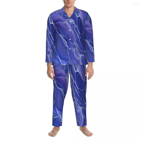 Ropa de dormir para hombres Lavanda Azul Mármol Primavera Fantasía Violeta Abstracción Vintage Pijamas de gran tamaño Conjunto Masculino Manga larga Ropa de dormir para el hogar