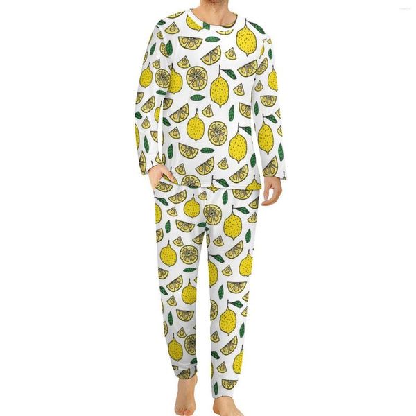 Pyjamas de citron pour hommes automne 2 pièces nourriture feuille de fruit pyjama à la mode ensembles homme manches longues maison costume graphique grande taille 4XL 5XL