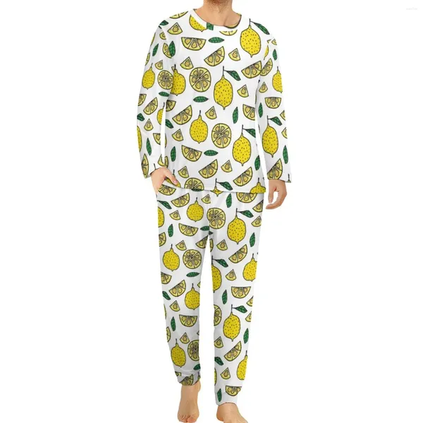 Pyjama citron pour homme, vêtements de nuit, 2 pièces, nourriture, feuille de fruit, tendance, manches longues, Design esthétique, grande taille, hiver