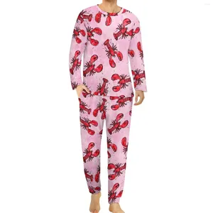 Heren Nachtkleding Kreeft Pyjama Lange Mouw Rood En Roze 2 Stuk Casual Pyjama Sets Lente Mannelijke Grafische Kawaii Oversize
